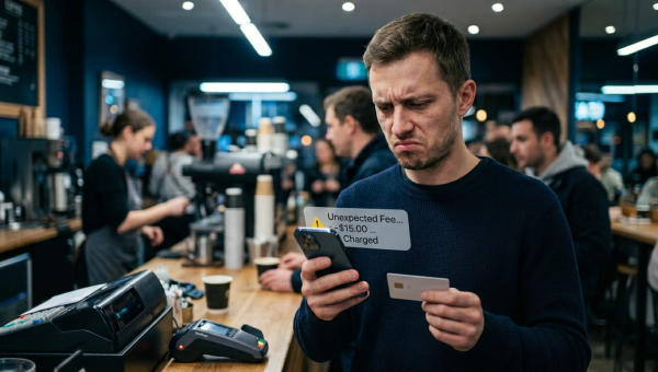 Молодой человек в кафе с растерянным лицом смотрит на телефон и карту, фон — кофейня с терминалом.